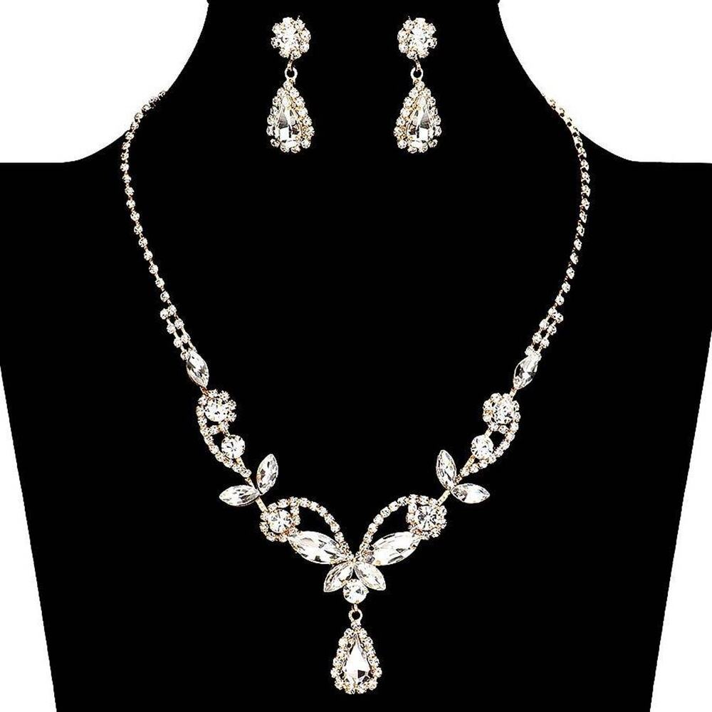 Diacly Floral Rhinestone Necklace Set Women OS Silver AB Bridal Prom Glam NEW - Picture 7 of 10